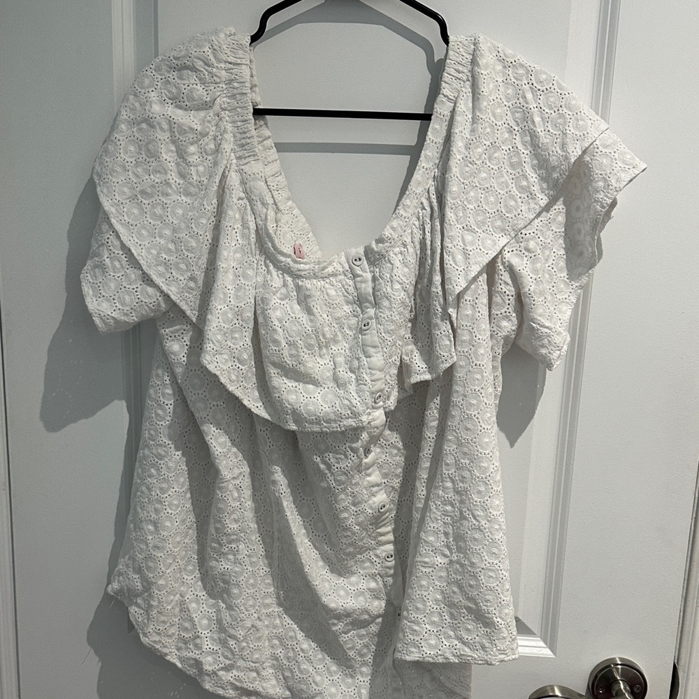 Penningtons White Eyelet Ruffle Button-Front Blouse